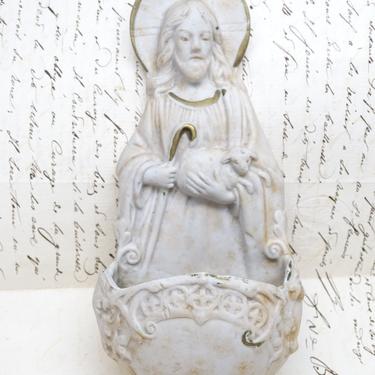 Early 1900 French Jesus Lamb of God Holy Water Font, Antique Unglazed Bisque Wall Pocket Vase, Vintage Church 