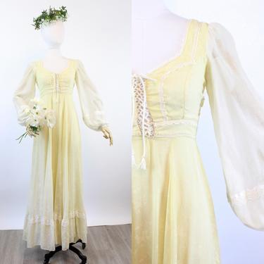 1970s Gunne Sax CORSET yellow floral maxi dress xs | new spring 