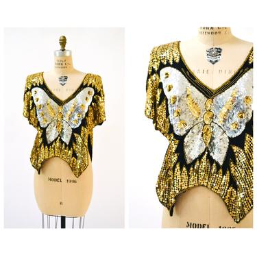 Vintage Metallic Gold Sequin Shirt In Gold Black Silver with Butterfly// Vintage Gold Sequin Shirt Top Medium Large Disco Sequin Glam top 