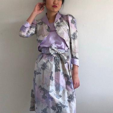 80s silk 4 piece skirt dress suit set / vintage lilac silk charmeuse camisole + taffeta puff sleeve bolero + midi skirt + sash matching set 
