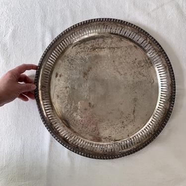 Aged Silverplate Round Tray, Wilcox International Silver Co Brandon Hall, Vintage Etched Metal Plate, Patinated Silver Plate, Bar Cart Tray 