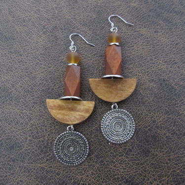 Large wooden earrings, bold statement earrings, geometric earrings, rustic natural earrings, ethnic tribal earrings, primitive exotic silver 