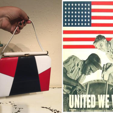 United We Win - Vintage 1950s 1960s Patriotic Red White &amp; Blue Vinyl Faux Leather Handbag Purse 