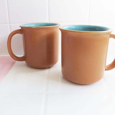 Vintage 80s Crown Corning Sonora Mug Set of 3 - Terracotta Orange Turquoise Blue Coffee Mugs - Southwest Boho Kitchen - Housewarming Gift 