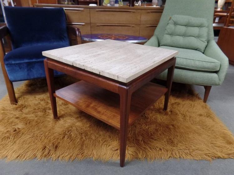 Mid-Century Modern walnut side table with travertine top