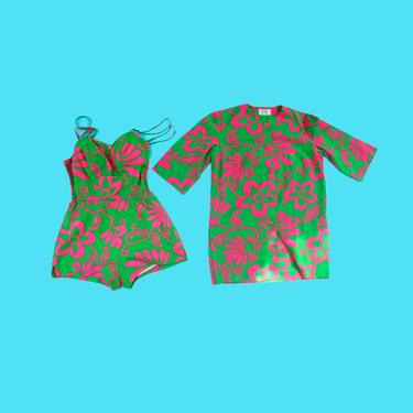 RARE 1950s Vintage Bathing Suit One Piece Swimsuit Set with Shirt Green and Pink Hawaiian Print Romper Size S XS 