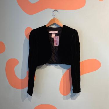 Vintage 80s Roberta Black Velvet Bolero Jacket / Dark Puff Sleeve Victorian Cropped Shrug size M 