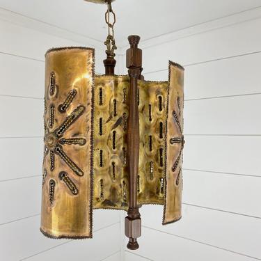 Vintage Mid Century Brutalist Torch Cut Brass Wood Light Fixture Pendant Starburst 