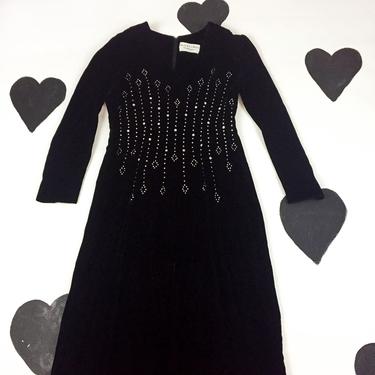 80's Oscar de la Renta Boutique black velvet rhinestone gown / 1980's designer evening dress / glamorous / long / full length / holiday L 