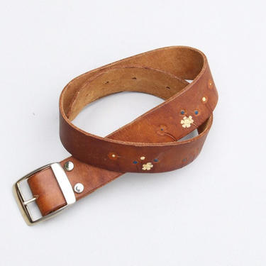 70s leather belt - hand tooled belt / 1970s brown leather belt - 60s hippie belt / tooled flowers &amp; butterfly belt - vintage 60s hippie belt 