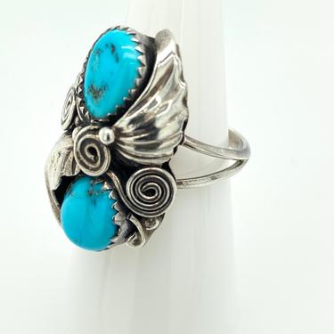 Vintage Artisan Navajo Sterling Silver 2 Stone Turquoise Ring Sz 7.5 Signed HH 