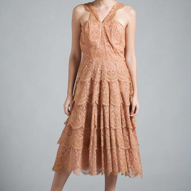 vintage 50s 1950s tiered layer lace dress party cocktail peachy brown nude open shoulder MEDIUM M 