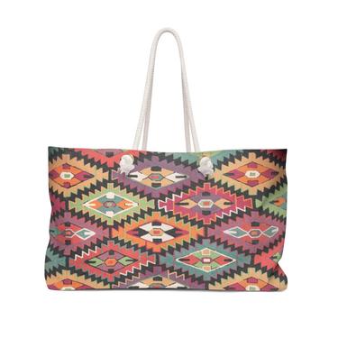 Geometric Aztec Print Weekender Beach Overnight Tote ~ Vintage Inspired Print ~ Boho Chic Bag ~ Weekender Rope Bag 
