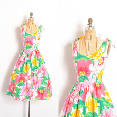 Vintage 1980s Dress / 80s Malia Floral Print Cotton Sundress / Pink Green ( XS S ) 