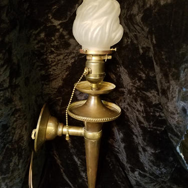 Vintage Brass Torch Sconce with Flame Shade, 4W x 18T x 6D
