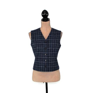 80s 90s Blue Plaid Vest Wool Waistcoat Women Small Size 6 Petite Sophisticate Button Up Preppy Clothes Fall Winter Womens Vintage Clothing 