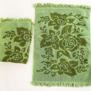 Vintage Cotton Bathroom Hand Towel Wash Cloths Washcloth Cloth Decor 1970s Avocado Green Mid-Century Retro Set of 3 Fieldcrest Terrycloth 