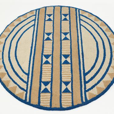 Mid Century Acrylic High Pile Blue and Beige Round Rug - mcm 