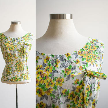 Vintage Linen Floral Blouse / 1930s Feed Sack Blouse / Yellow and Green Floral Blouse / 1930s Blouse Medium / 1930s Vintage Clothing 
