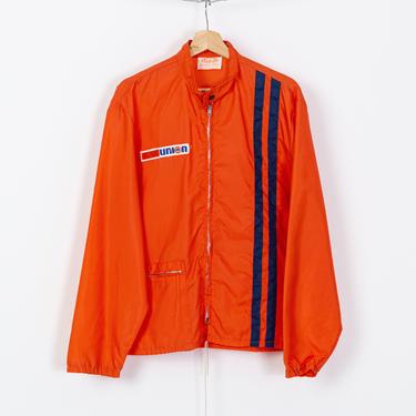 70s Union 76 Gas Station Windbreaker - Men's Large | Vintage Neon Orange Striped Uniform Workwear Jacket 