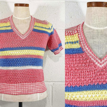 True Vintage Short Sleeve Sweater White Powder Baby Pink Blue Yellow 70s Striped Stripes Sleeves Marisa Christina V Neck Small XS XXS 