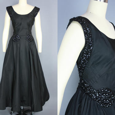 1940s Gown with Domed Sequin Bodice Embellishments | Vintage 40s 50s Black Silk Faille Full Length Dress | medium 
