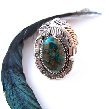 FEATHERED FRIEND Vintage 70s Ring | 1970s J H Etsitty Sterling Silver &amp; Turquoise Statement Ring | Native American Southwestern Boho Jewelry 