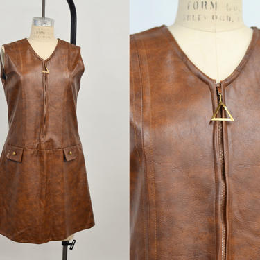 Vintage 1960s Vinyl Brown Dress by Trim Girl, 60s Faux Leather Space Age Dress, Front Zipper Dress, 60s Drop Waist Dress, Size Medium by Mo