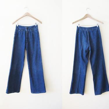 1970s High Waist Jeans 24 XS - Vintage Wide Leg Bell Bottoms XS - Dark Wash 70s Boho Denim - 1970s Clothing 