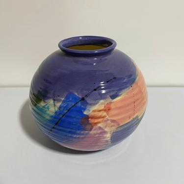 Round Multicolored Glazed Vase or Planter with Paint Strokes Design 