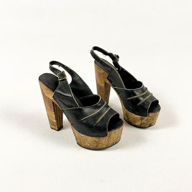 1970s Cherokee Stacked Wood Platforms / Navy Blue Leather / Size 8.5 / Platform Heels / GTO / Boho / Mary Janes / Size 8 / Open Toe / Sandal 