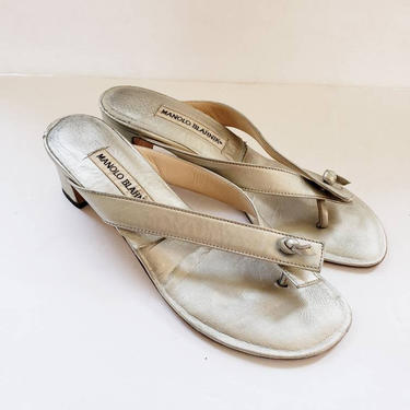 1990s Manolo Blahnik Shoes Silver Leather / 90s Metallic Slides Mules Chunky Square Heel / 8 / Deena 