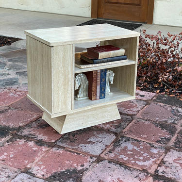 Modern Faux Travertine Nightstand / Side Table / Turntable Record Stand with Removable Shelf and Concealed Storage Compartment 