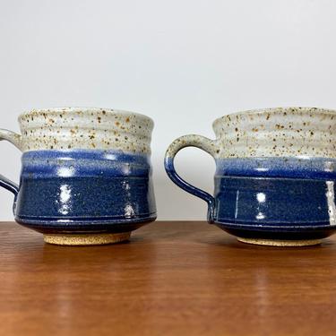 Vintage Orcas Island Pottery mugs / pair of signed blue ceramic mugs / 70s boho rustic 