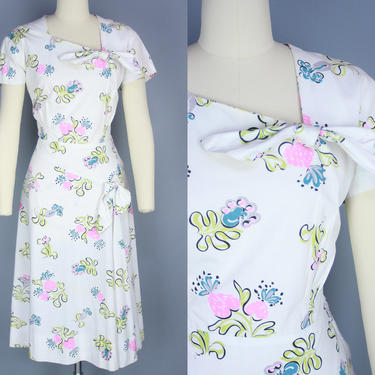 1940s Whimsical Day Dress | Vintage 40s White Cotton Dress with Chartreuse, Pink, Blue &amp; Black Artistic Abstract Print | medium 