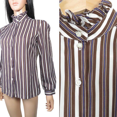Vintage 70s Frilly High Neck Vertical Stripe Blouse Size M 