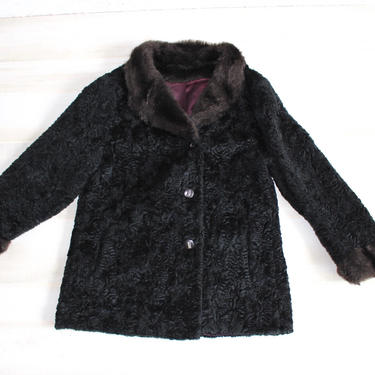 Vintage 60s Black Faux Fur Coat, 1960s Persian Lamb Jacket, Princess, Mink, Fur Collar 
