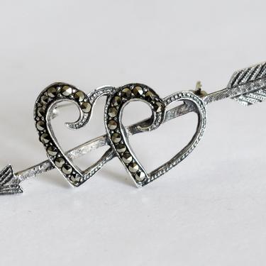 Romantic 50's sterling marcasite hearts &amp; arrow brooch, elegant 925 silver pyrite mid-century sweetheart bling pin 