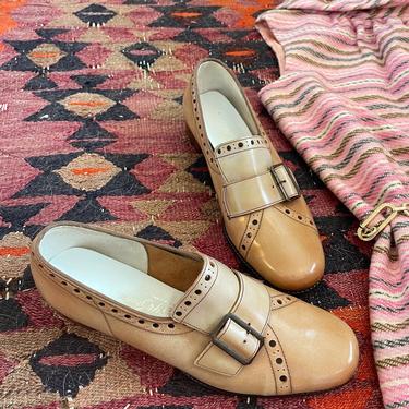 1960s tan mules with 1” kitten heel and cute buckle detail, size 8 