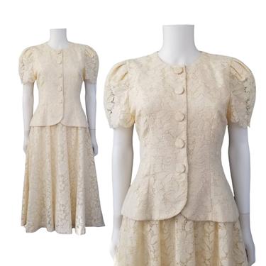Vintage Ivory Lace Dress, Medium / 1940s Style Day Dress / Puffy Sleeve Dress / Vintage Lace Swing Dress / Fit and Flare Tea Party Dress 
