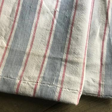 French Cotton Ticking Fabric, Blue Red Stripe, Linen, Upholstery Project Textile, French Farmhouse 