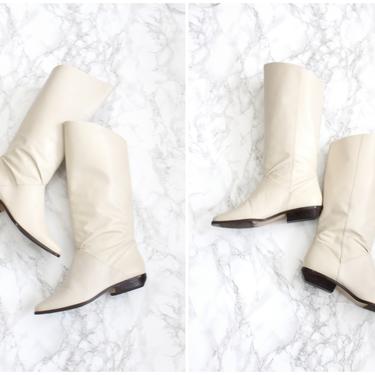 vintage 80s slouch boots - winter white boots / '90s boots - 80s white boots / ivory leather boots  - Brazil boots - flat boots, 7.5B 