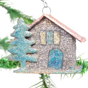 Antique 1940's Christmas Ornament, Vintage Glittered Cardboard House with Tree, Retro Decor 