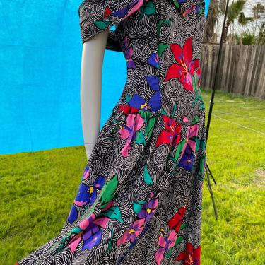 Vintage Garden Dress off the shoulder romantic dress, retro color block nylon short set, retro floral print a line dress size small 
