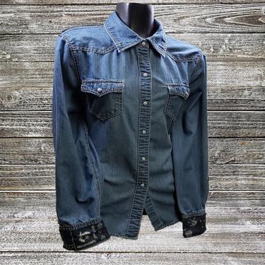 OOAK Western Ladies Denim Shirt LARGE, Custom Embellished Cowgirl Shirt, Pearlized Snap Front Long Sleeve, SEVEN 7 Chambray Top, Clothing 