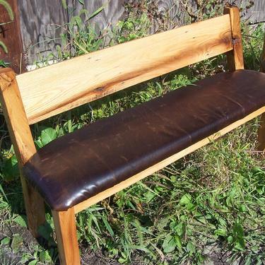 Custom Reclaimed Wood Farm Bench With Relaxed Back and Leather Seat 