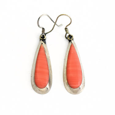 60's sterling pink coral hip beachy long teardrop dangles, swinging 925 silver coral inlay elegant bohemian earrings 