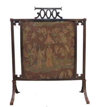 Fire Place Screen | Vintage English Wrought Iron Victorian Needlepoint Fire Screen With Asian Scene by PickeryPlace