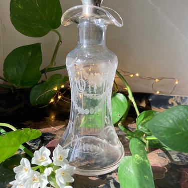 Antique Etched Glass Oil and Vinegar Decanter with Silver Stopper 