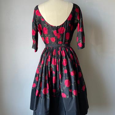 1950s Dress Black Silk  Floral Print Full Skirt XS 